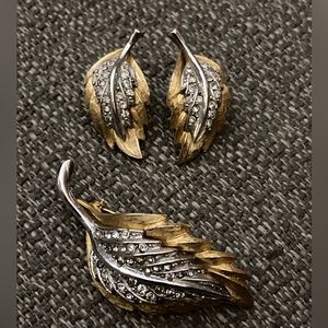 Marboux Vintage Silver & Gold Tone, Crystal Leaf Earrings & Matching Brooch